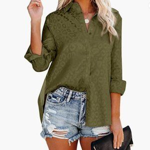 Astylish Satin Embossed Leopard Print Button Down M Green